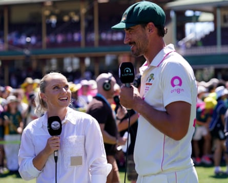 Healy interviews her husband Mitchell Starc at the Sydney Cricket Ground.