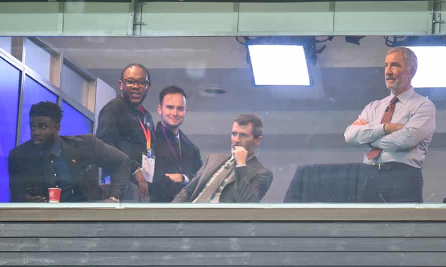 Roy Keane watches Manchester United's 2-0 defeat to City last month with Micah Richards and Graeme Souness.