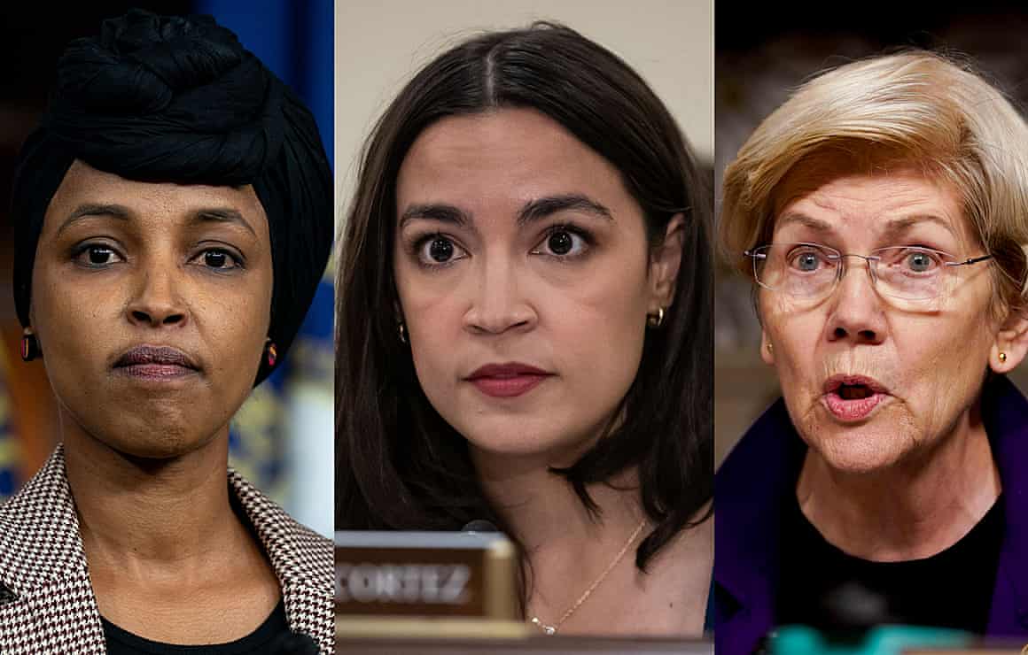 From left: the congresswomen Ilhan Omar and Alexandria Ocasio-Cortez and the senator Elizabeth Warren.