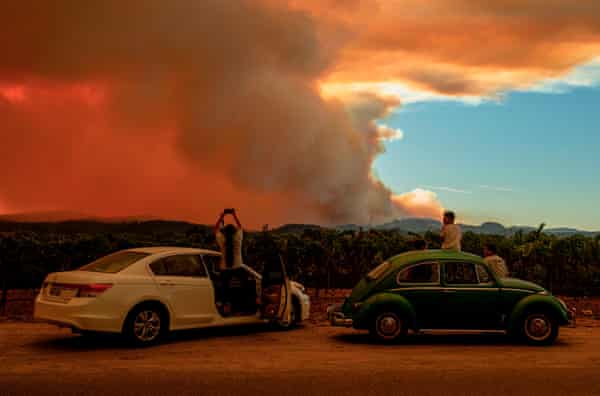 La gente guarda l'incendio Walbridge da un vigneto a Healdsburg giovedì.