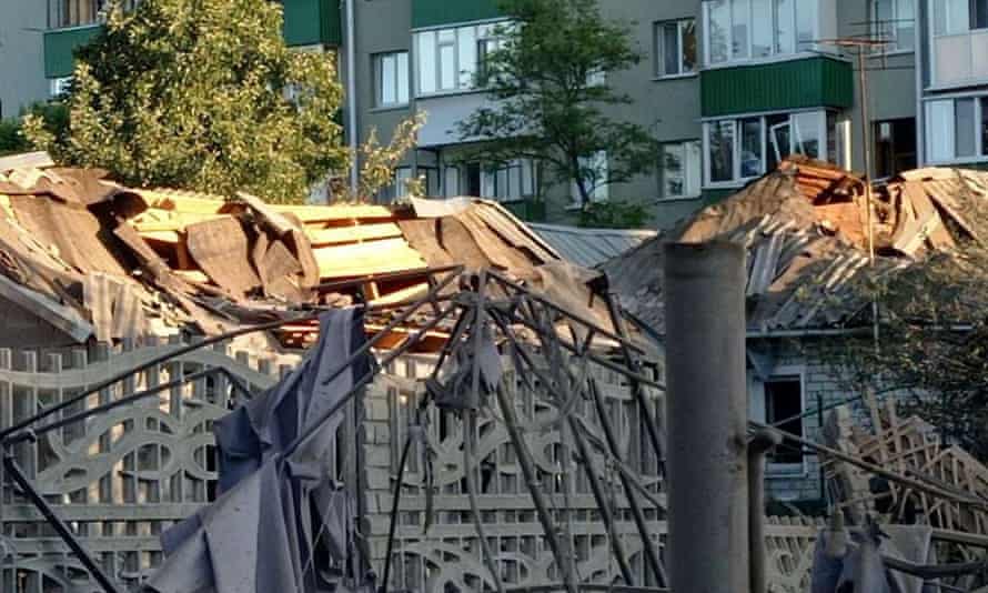 Destroyed residential buildings pictured in Belgorod on Sunday