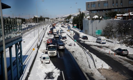 Trapped cars on the Attiki Odos ring road.