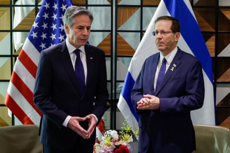 US secretary of state Antony Blinken (L) meets with Israeli President Isaac Herzog in Tel Aviv, on 1 May.
