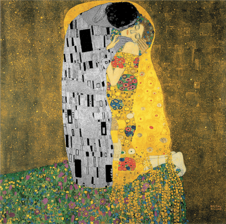 a painting of two people embracing in a flower field