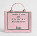 Pale-pink Dior tote bag with Les Liaisons Dangereuses written on it in green