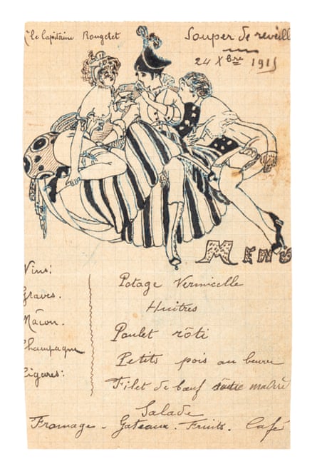 A handwritten menu featuring a sketch on three people with the courses written in French and the left detailing the drinks