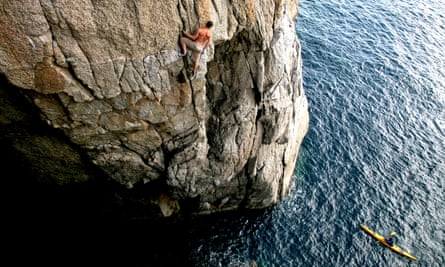 A rock climber on a rock face.