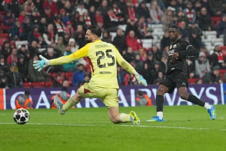 Ousmane Dembélé scores Paris Saint-Germain’s second goal against Liverpool.