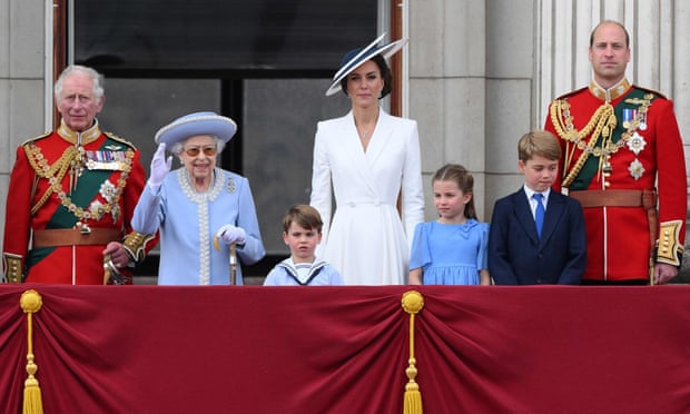 The Queen with Charles, William and family.
