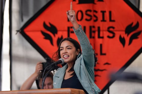Alexandria Ocasio-Cortez speaks at the rally at the finish of the march to end fossil fuels in New York on 17  September 2023.