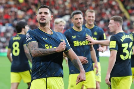 Bruno Guimarães celebrates after scoring Newcastle’s seventh goal at Bramall Lane in September 2023.