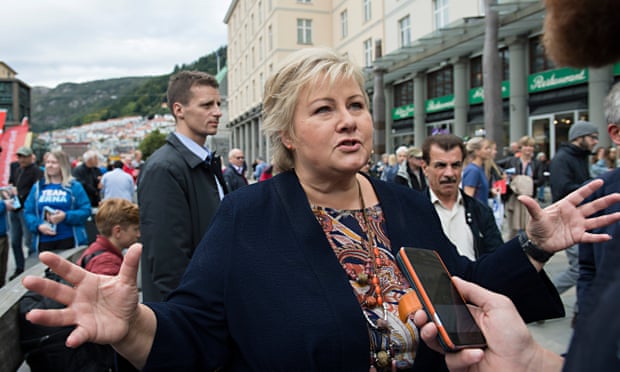 Erna Solberg, Norway’s prime minister, campaigns for her Conservative party in Bergen.