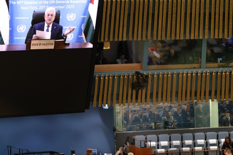 President Mahmoud Abbas of the Palestinian Authority, whose delegation was denied visas to attend the event, addresses the United Nations (UN) General Assembly by video during the 80th session of the annual event on 25 September 2025, in New York City.