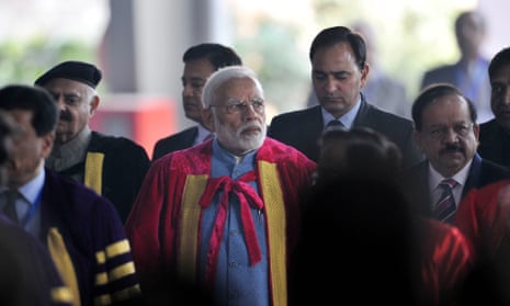 Prime Minister Narendra Modi (centre) arrives at the opening of the prestigious Indian Science Congress, in Jalandhar on 3 January.