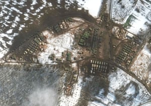 A satellite image shows a new deployment, material support and troops, near Belgorod, Russia, on 21 February.