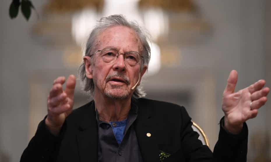Austrian writer Peter Handke at the Nobel press conference in Stockholm on Friday.