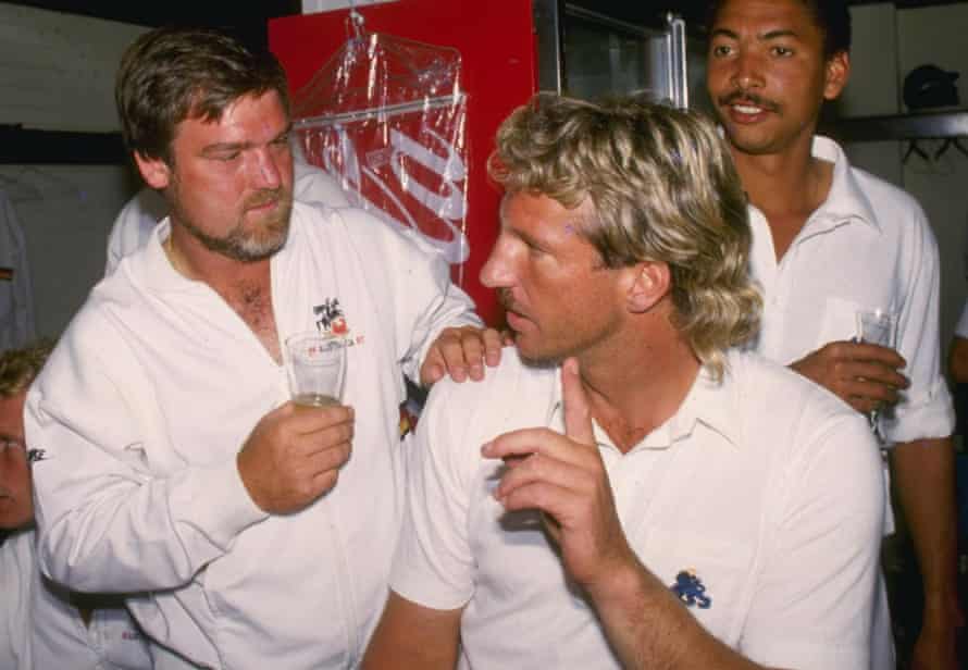 Mike Gatting, Ian Botham and Phil DeFreitas relax after their victory in Brisbane.