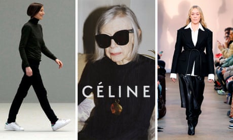 ‘Quiet design’ … Philo in her Stan Smiths, Joan Didion’s 2015 Celine campaign and Chloë Sevigny in Proenza Schouler’s autumn 2023 ready-to-wear show.