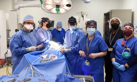 Photo provided by the University of Maryland School of Medicine shows Surgeon Bartley P Griffith leading a team in transplant of a pig heart into patient David Bennett.