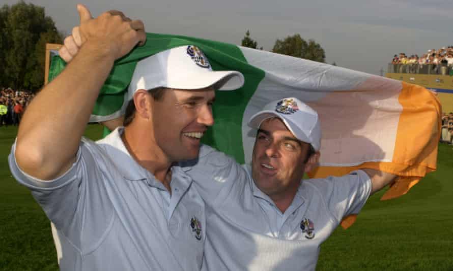 Pádraig Harrington with Paul McGinley after the latter’s putt won the delayed Ryder Cup at the Belfry in 2002