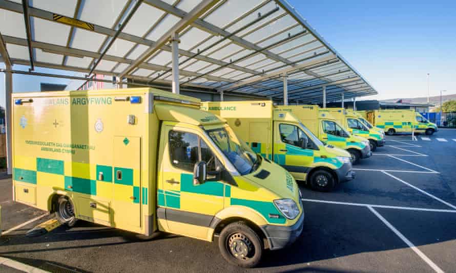 Ambulances queue with patients waiting for beds astatine the Grange assemblage infirmary adjacent Pontypool.