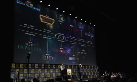 The Marvel Studios president, Kevin Feige, speaks during the Marvel panel at Comic-Con.
