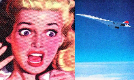 split image shows cartoon of scared woman and image of plane