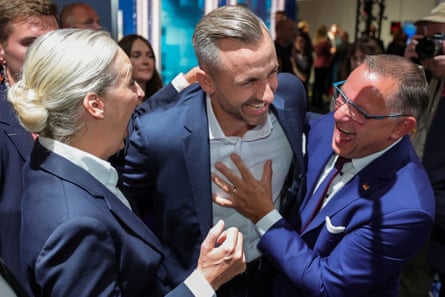 Siegmund celebrating with the AfD’s co-leaders Alice Weidel (left) and Tino Chrupalla (right) after polls closed on Sunday.