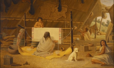 A painting depicting a woman weaving a blanket