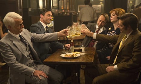 From left, John Slattery as Roger Sterling, Jon Hamm as Don Draper, Vincent Kartheiser as Pete Campbell, Christina Hendricks as Joan Harris and Kevin Rahm as Ted Chaough, in a scene from the final season of Mad Men.
