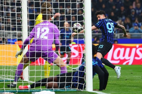 Inter Milan's Alessandro Bastoni scores their first goal against Bodø/Glimt.
