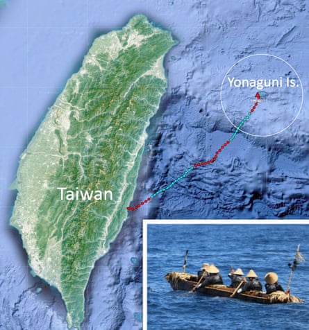 The canoe’s route by day (in red) and night (in blue).