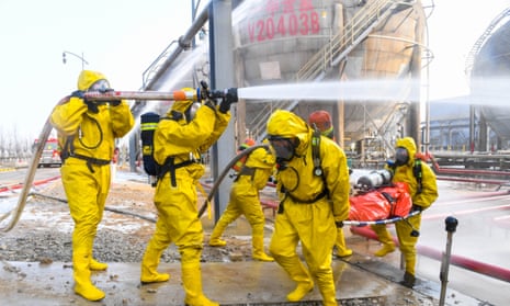 Firefighters take part in an emergency drill against winter chemical hazards and accidents in China's Inner Mongolia Autonomous Region.