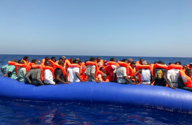 Migrants being rescued on an inflatable dinghy belonging to the ‘Ocean Viking’ rescue ship, operated by French NGOs SOS Mediterranee and Medecins sans Frontieres (MSF) in the Mediterranean Sea last summer.