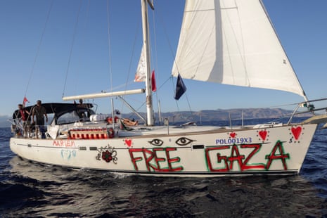 A sailing boat, part of Global Sumud Flotilla aiming to reach Gaza and break Israel’s naval blockade, sail off Greece on 25 September.