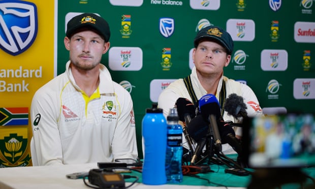 Cameron Bancroft (left) and Steven Smith address the media after day three of the third Test in Cape Town in March 2018.