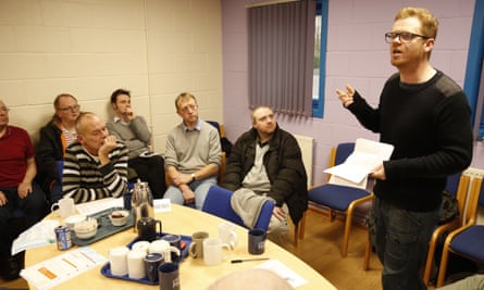 McGarvey rapping to a men’s group about domestic violence at a community centre in Aloa, Stirlingshire.