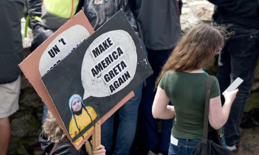 Make America Greta Again placard seen as Climate change activist Greta Thunberg sets sail for New York in the 60ft Malizia II yacht from Mayflower Marina, on August 14, 2019 in Plymou.
