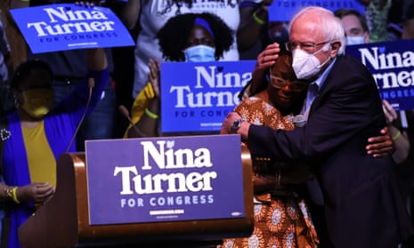 Nina Turner is embraced by Bernie Sanders at Agora Theater &amp; Ballroom in Cleveland on Saturday.