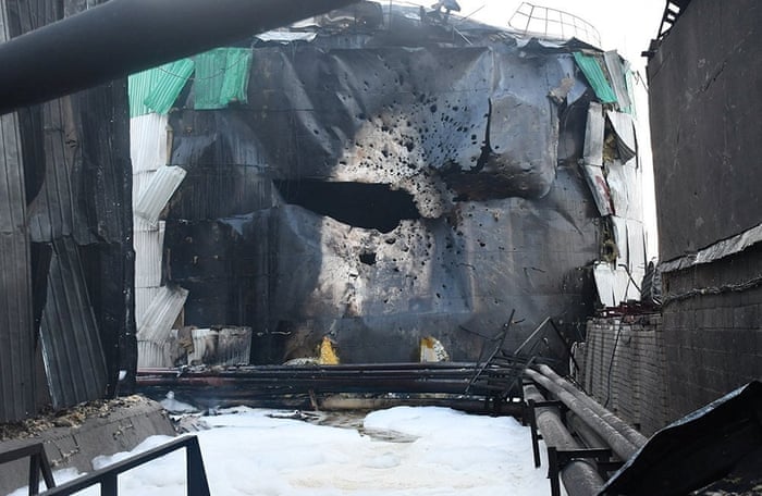 An image supplied by Ukraine’s state emergency service shows a fuel reservoir damaged by a Russian military strike in Mykolaiv.