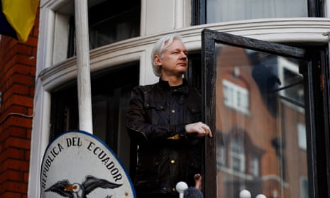 Julian Assange is seen on the balcony of the Ecuadorian embassy in London on 19 May.