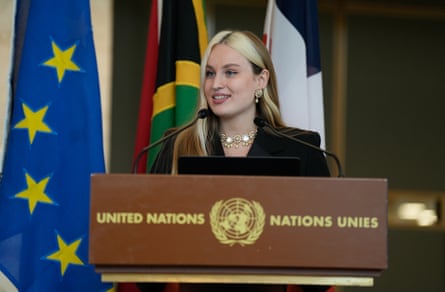 Shanley Clemot McLaren behind a lectern at the UN