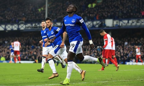 Everton substitute Oumar Niasse celebrates scoring his team’s equaliser against West Brom after less than a minute on the pitch.