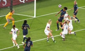 Wendie Renard scores for France in their quarter-final defeat to the USA in a game many felt would have been a fitting final.