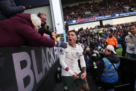 Enzo Fernandez of Chelsea celebrates scoring against Burnley at Turf Moor.