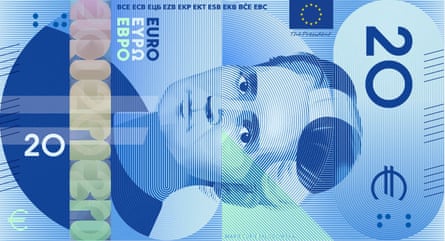 A €20 note design featuring an illustration of Marie Curie