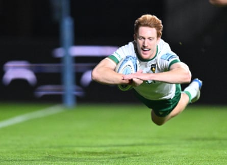 George Hendy dives over the line to score against Bristol in October 2024