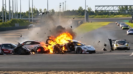 Ollie MillroyâÂÂs Ferrari bursts into flames after a huge crash in the China GT