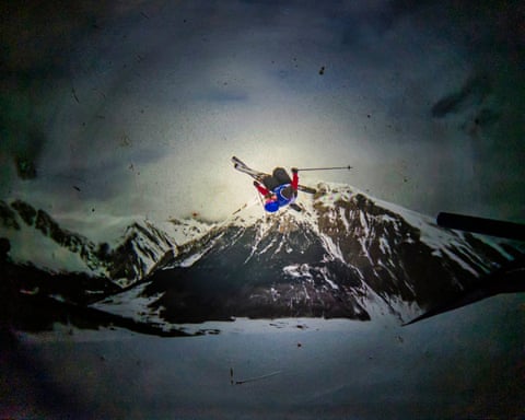 An Austrian freeskier competes in the first run of the Men’s Slopestyle final at Livigno Air Park.
