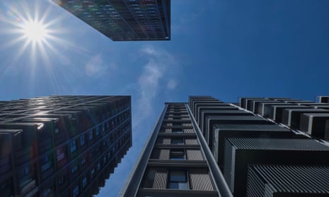 View looking up at high-rise buildings